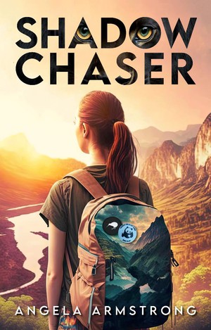 Book cover for Angela Armstrong's SHADOW CHASER. The cover features a scenic overlook of a valley at sunset (or sunrise). A young girl with a nature-themed backpack stands in the foreground, looking out at the valley.